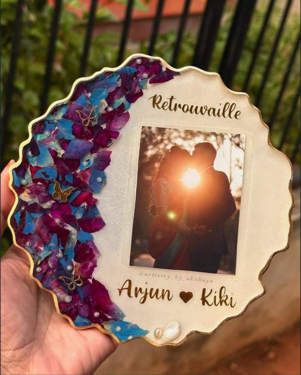 Retrouvaille resin photo frame with preserved purple wedding flowers